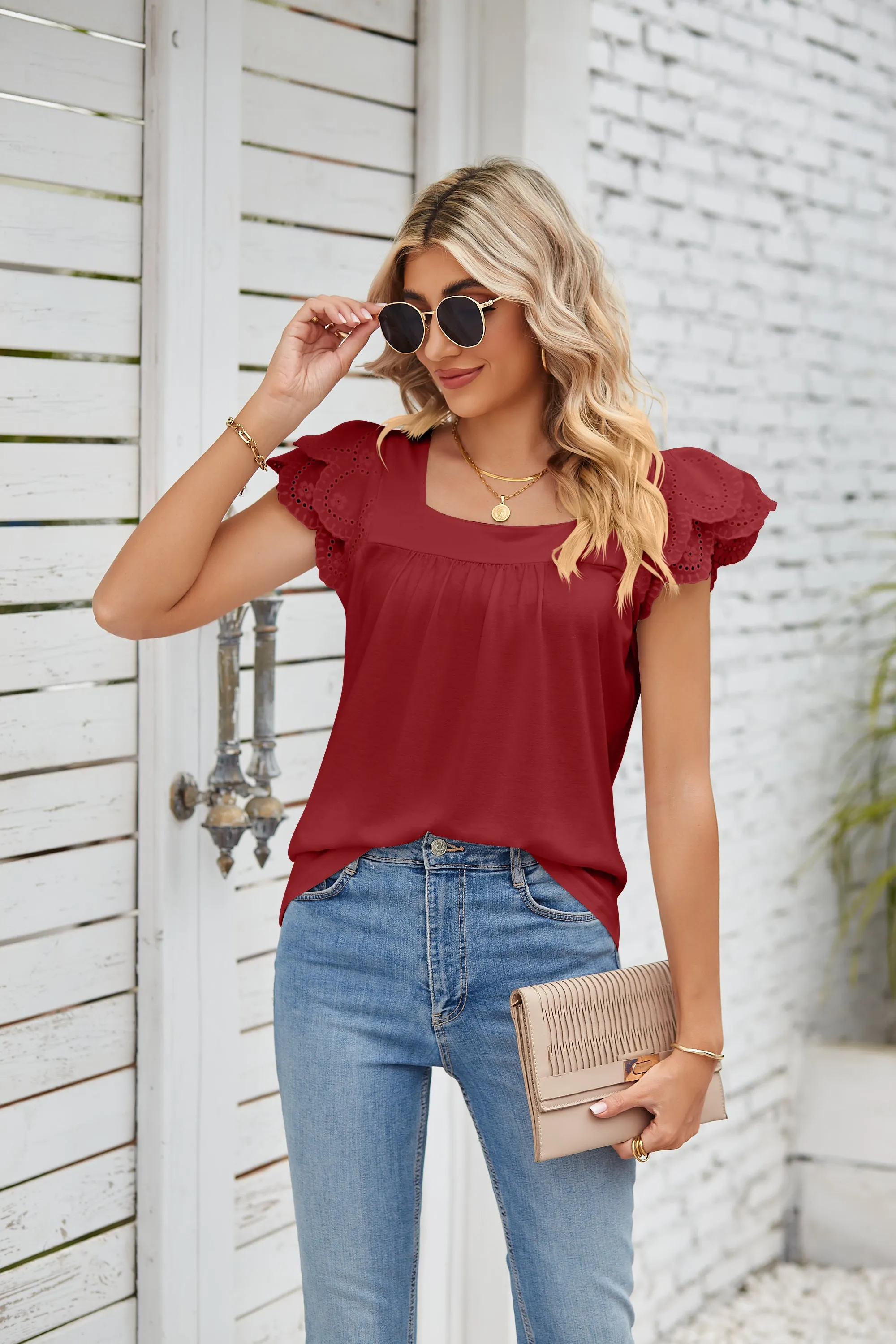 Lace Stitching Square Collar Petals Short-Sleeved T-Shirt